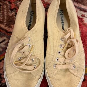 Superga Cream Sneakers with Textured Canvas and Lace-Up Design